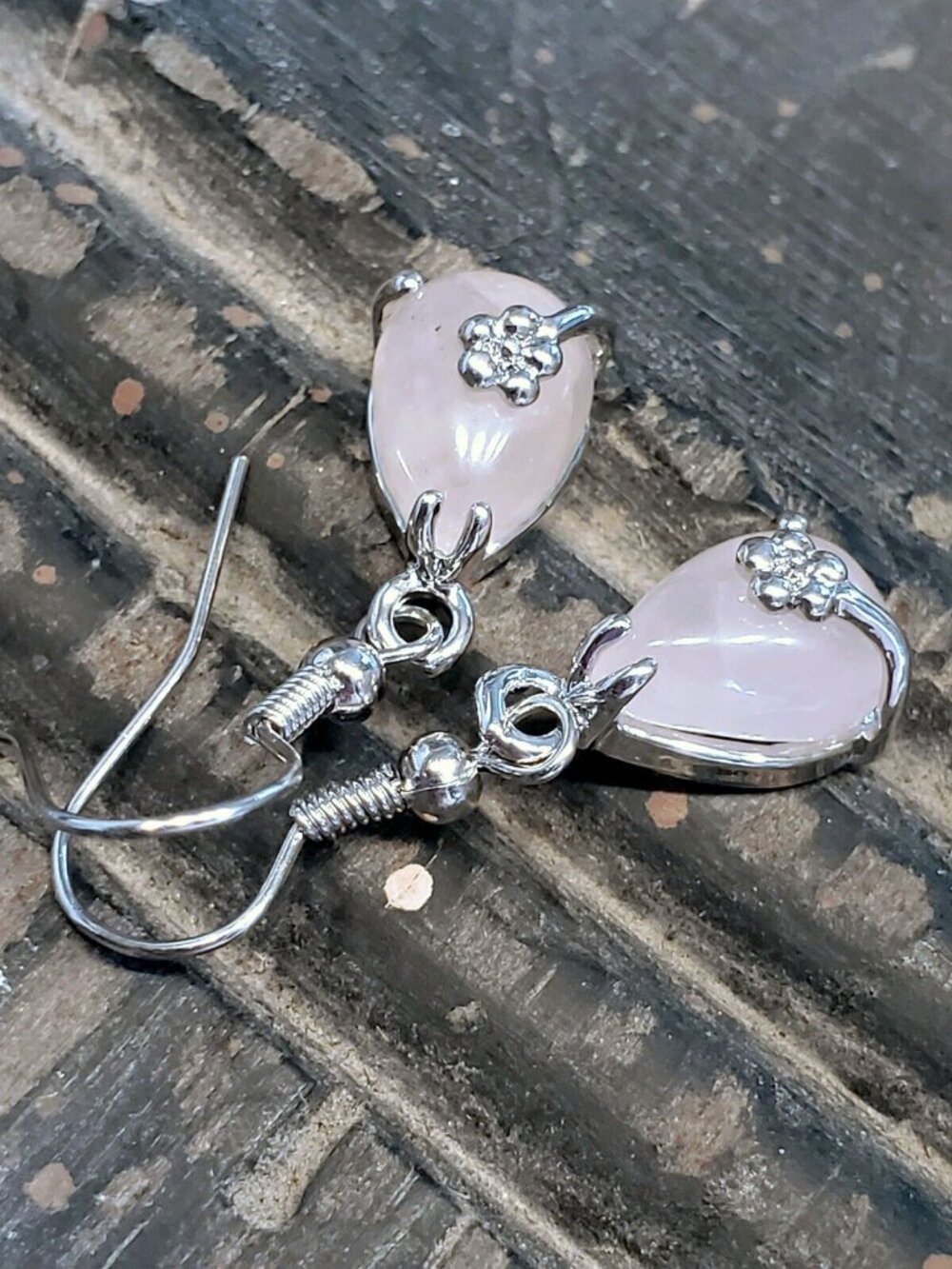 Little Teardrop Rose Quartz Gemstone Platinum Plated Handcrafted Earrings - Picture 5 of 10